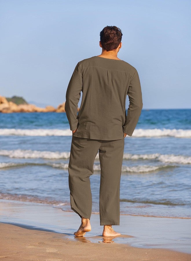 COOFANDY Men's Linen Suits 2 Piece Summer Beach Outfits V Neck Shirt Drawstring Pants Sets - Image 3